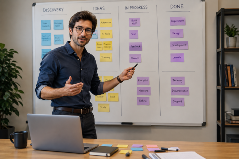Professional explaining an AI productivity audit workflow in front of a whiteboard