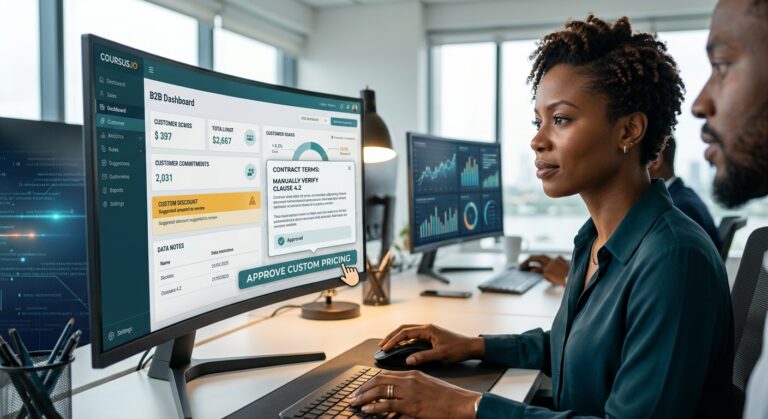 Sales professional performing AI sales automation human approval of high-risk tasks within an enterprise sales dashboard.