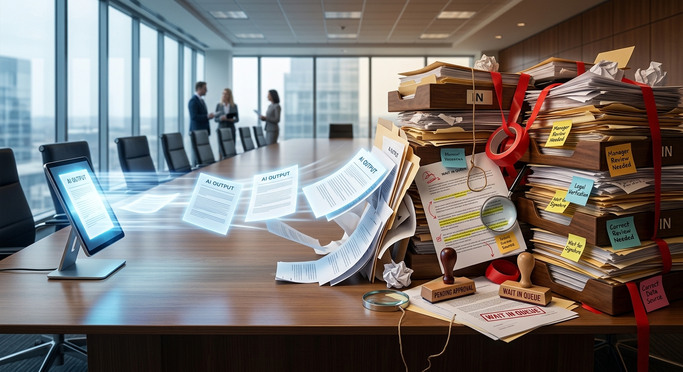 A tablet generating digital documents into a giant pile of paper bureaucracy, illustrating how workflow bottlenecks prevent positive AI investment results.