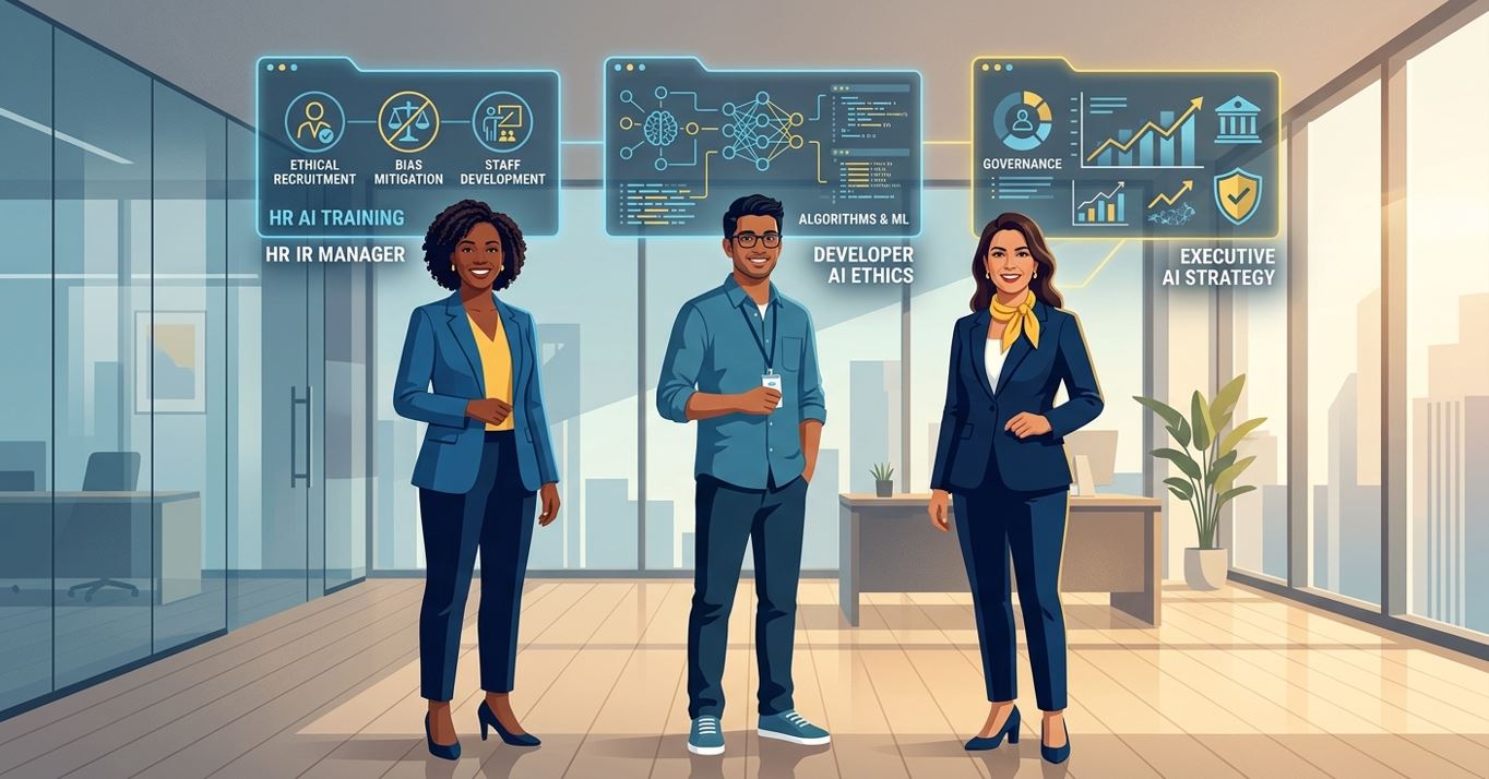 Illustration of three diverse corporate professionals—an HR manager, a software developer, and an executive—standing in a modern office. Above each person is a glowing holographic dashboard displaying AI training topics tailored specifically to their job role.