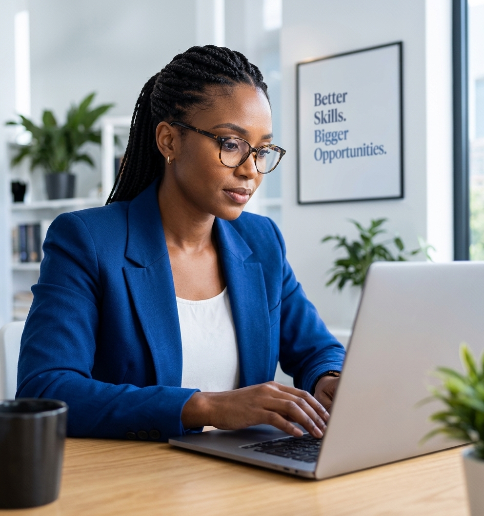 Professional woman working on a laptop at her desk