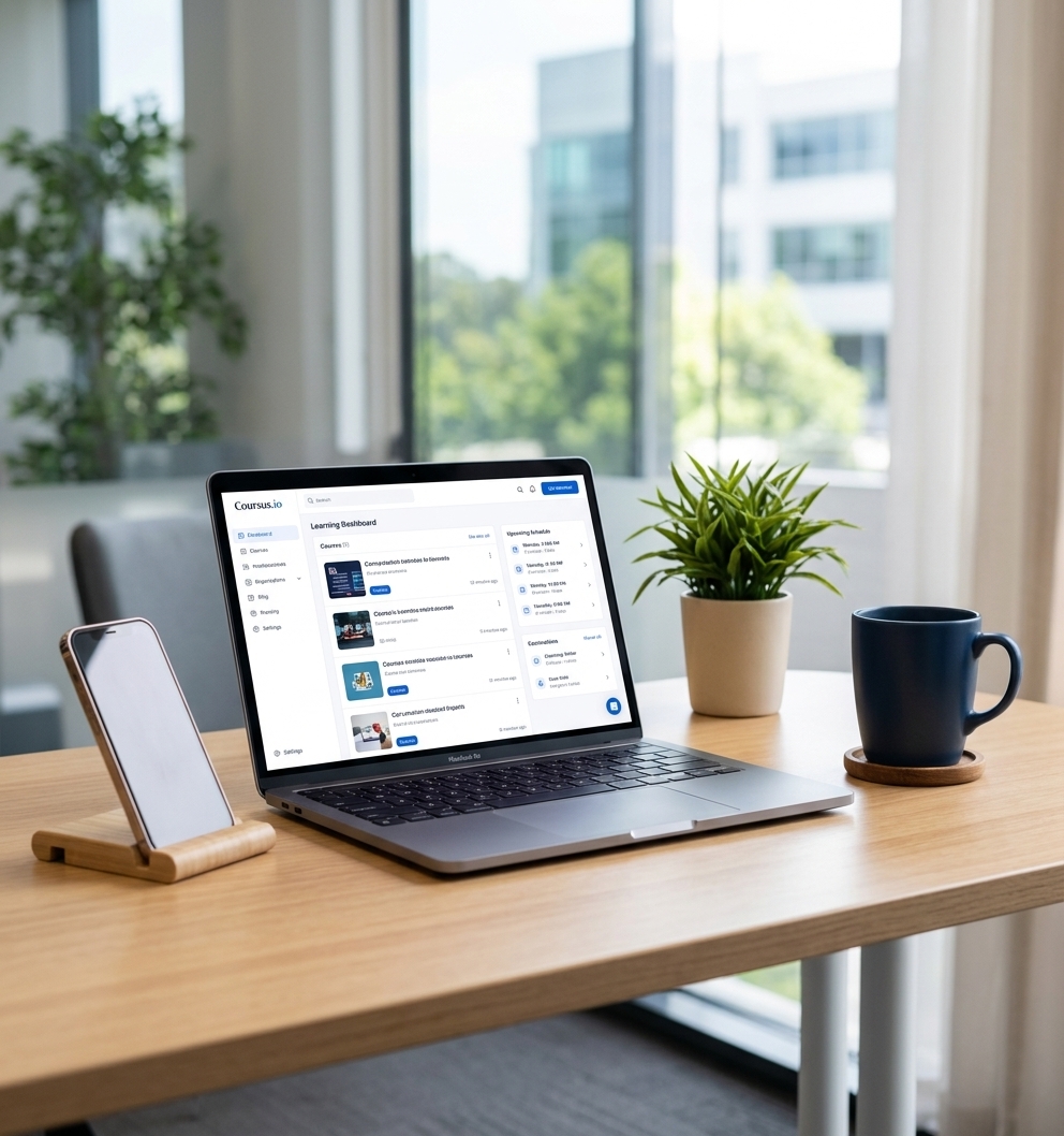 Modern desk workspace with laptop, phone and coffee mug