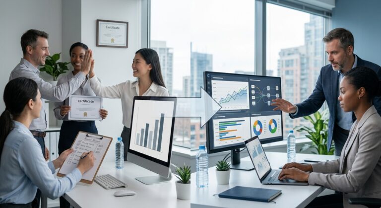 Side-by-side comparison illustrating why corporate AI training doesn't stick, showing employees celebrating training completion with certificates on the left versus actual workflow integration and manager support on the right.