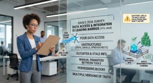 A professional woman stands by a glass whiteboard holding a clipboard facing away from the camera while auditing a list of data access and system integration barriers affecting AI investment results.