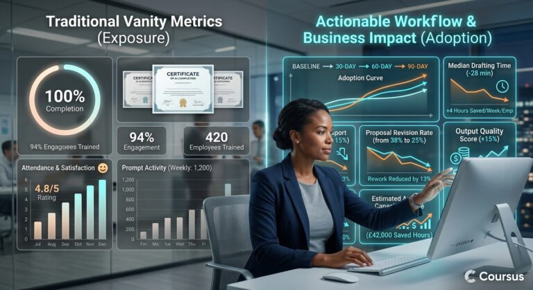 Dashboard illustrating how to measure whether AI training actually worked by tracking workflow metrics and business outcomes.