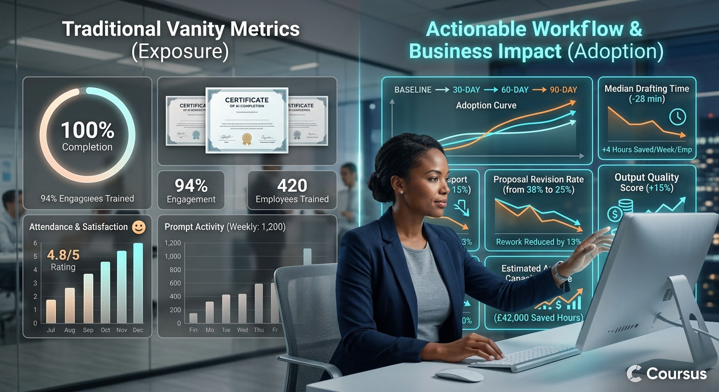 Dashboard illustrating how to measure whether AI training actually worked by tracking workflow metrics and business outcomes.