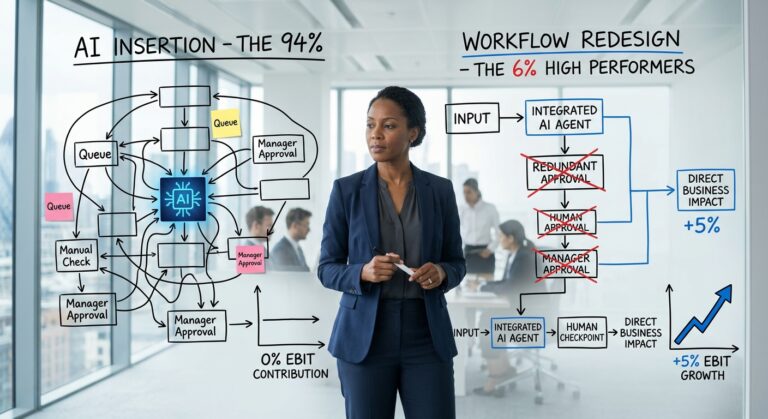 An executive comparing a cluttered legacy workflow with a simplified, redesigned AI workflow, highlighting why corporate AI training is essential for AI high performers.